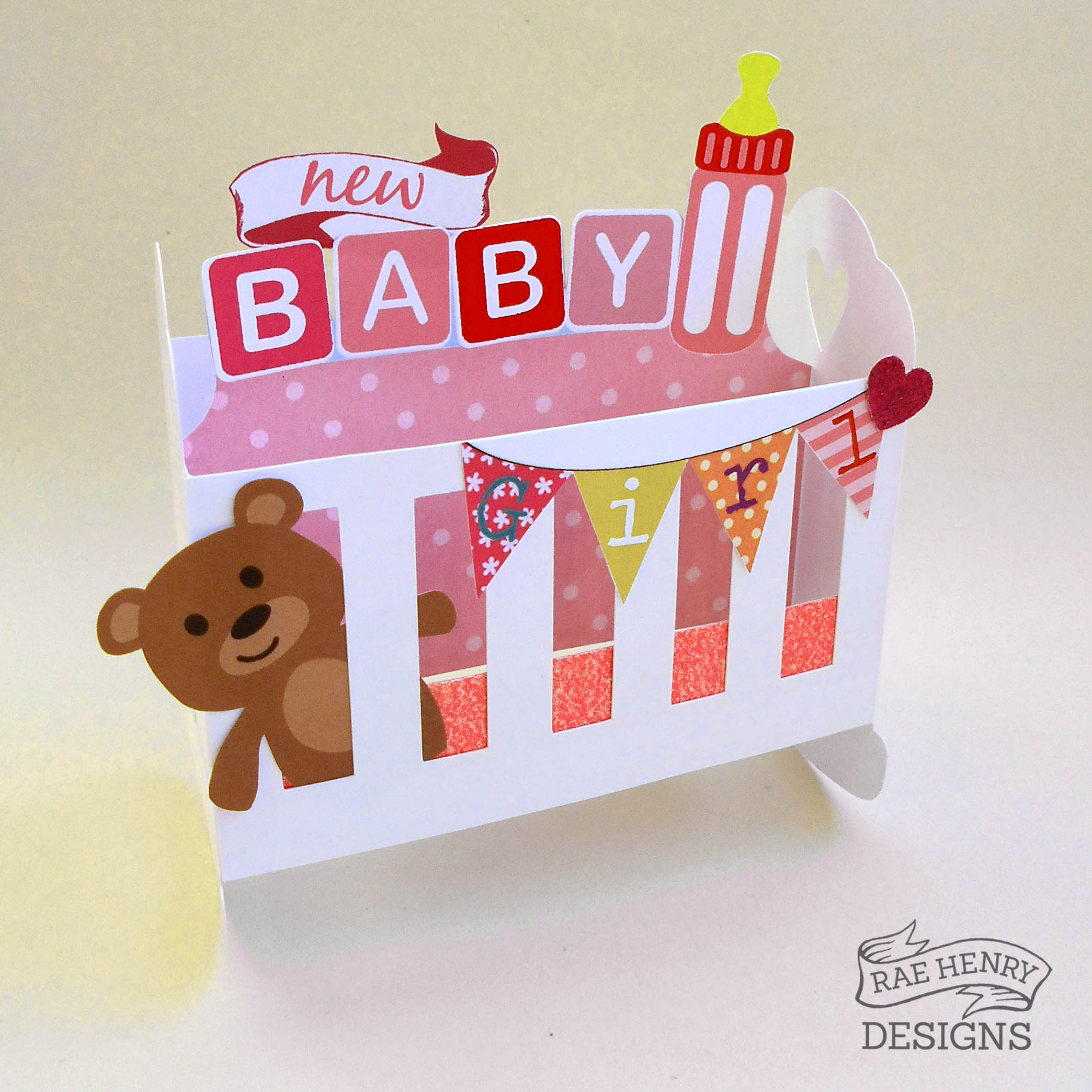 Pop Up New Baby Card Pink Cot